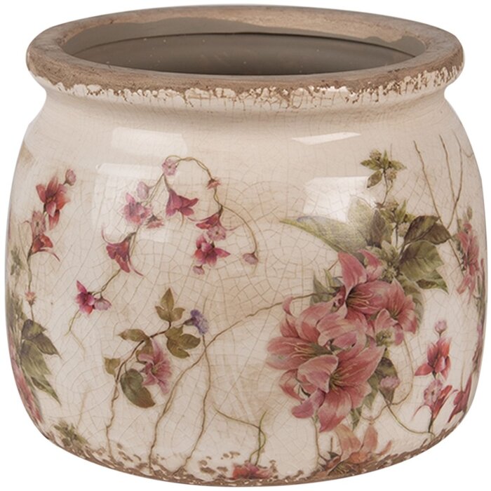 Clayre & Eef 6CE1628S Ghiveci de flori ceramic bej roz Ø 12x10 cm Casă de țară