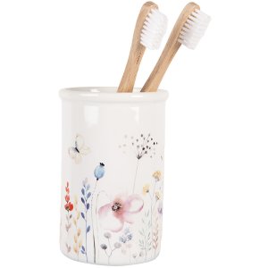 Clayre & Eef Suport periuță de dinți Ceramică albă Floral Ø 8x12 cm Stil rustic